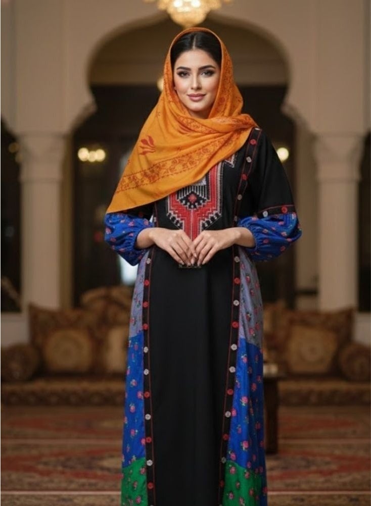 بريميم عباءة طويلة تقليدية من عسيري مع غطاء رأس متناسق، من تصميم تارها أزفر منديل عسيري - عباءة ماكسي مطبوعة بنقوش قبلية أصلية للنساء - Image 4